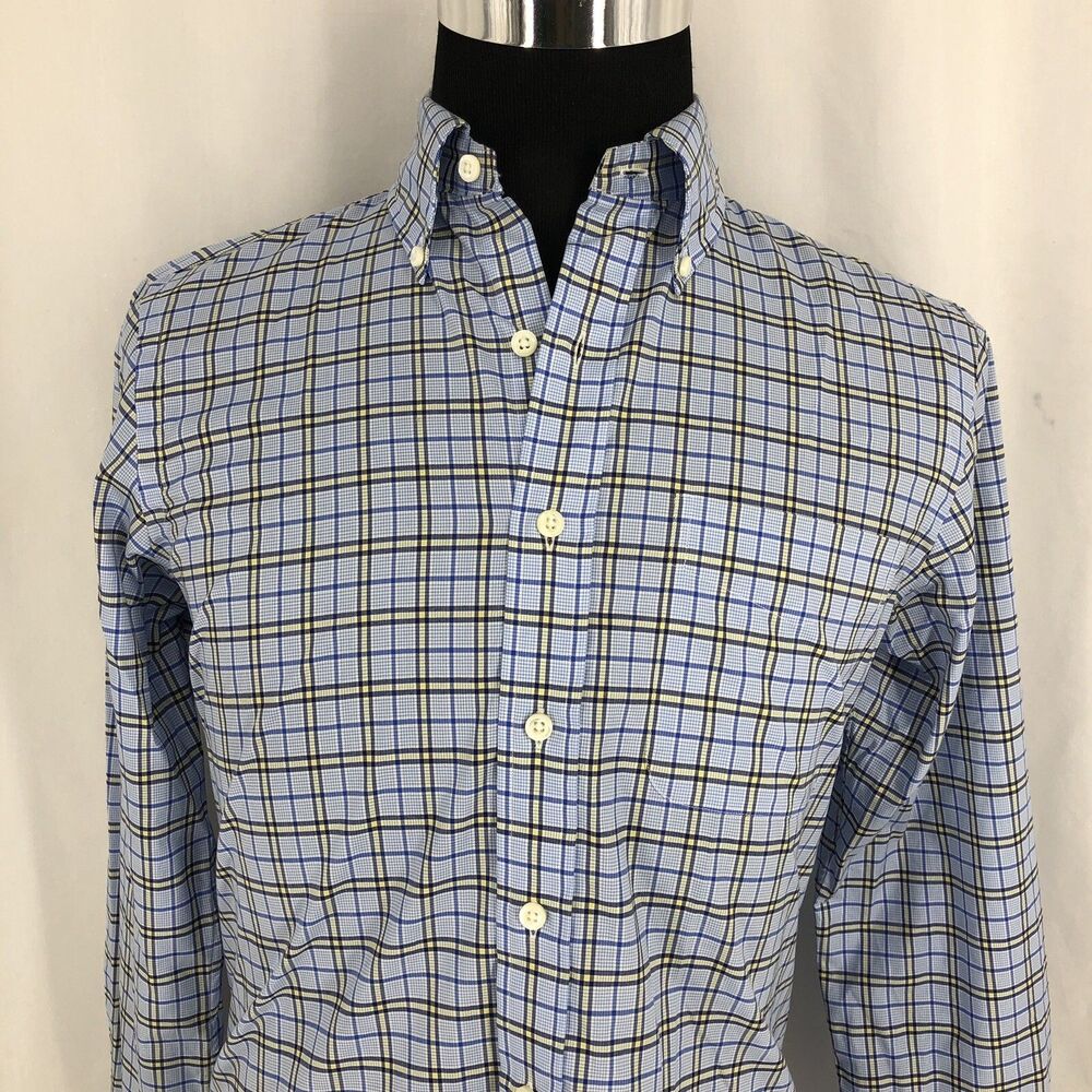 RALPH LAUREN Cotton Stretch Button Down Blue Yellow Plaid Shirt Small